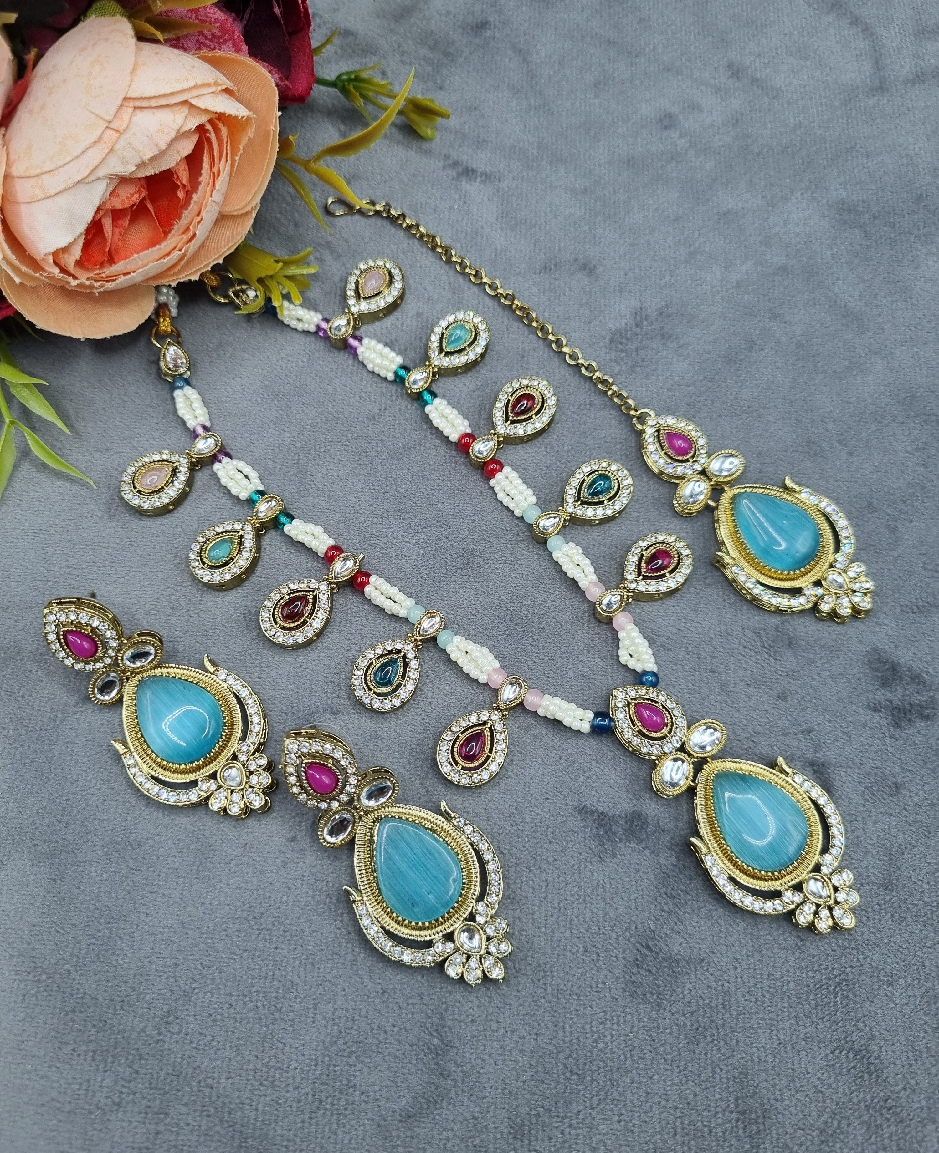 LAFZ Antique Gold Teardrop Pendant Necklace Set with Earrings & Maangtikka - CK1696MULTI2
