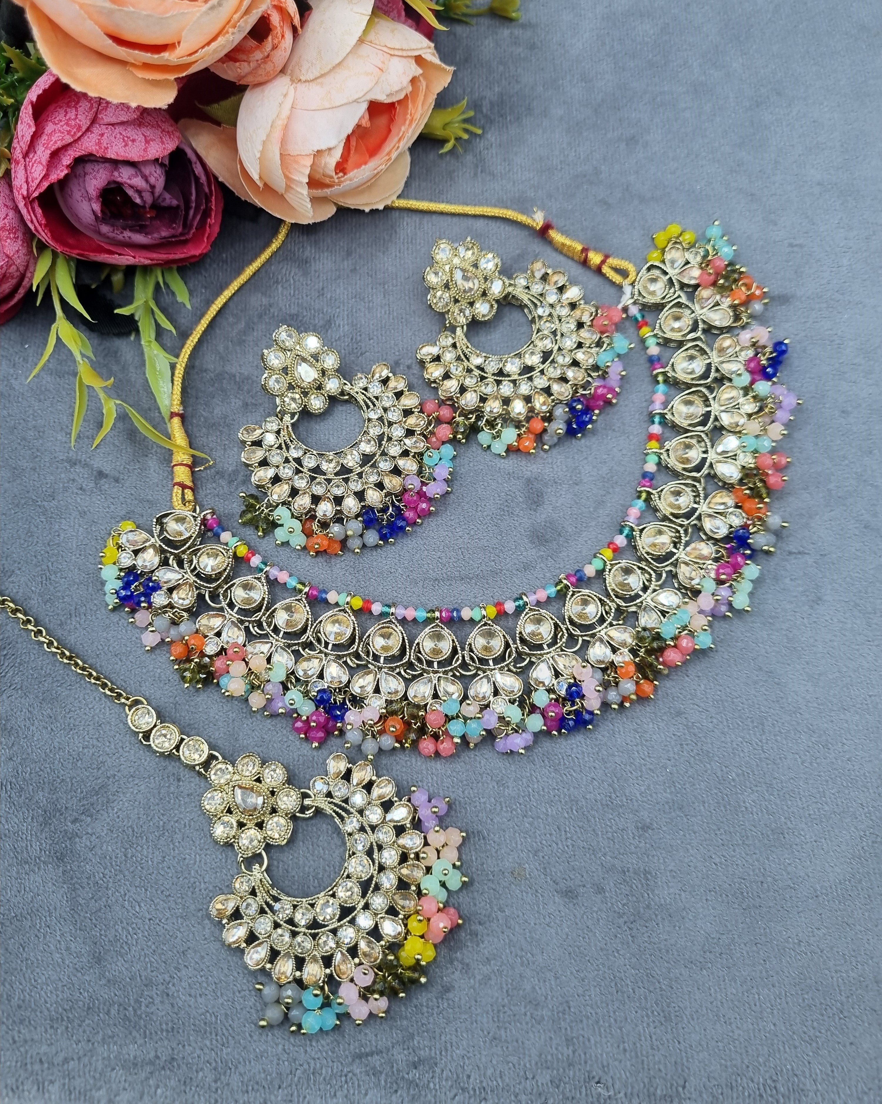 LAFZ Antique Gold Finish Crystal Necklace Set with Earrings & Maang Tikka - CK1698MINT-