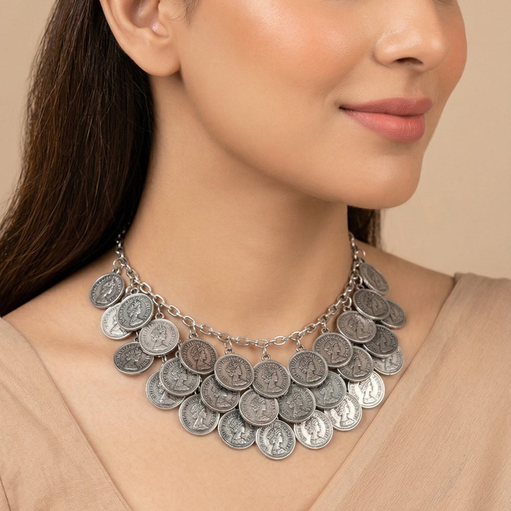Bevy Pearls Oxidised Plated Coin Choker Neckalce