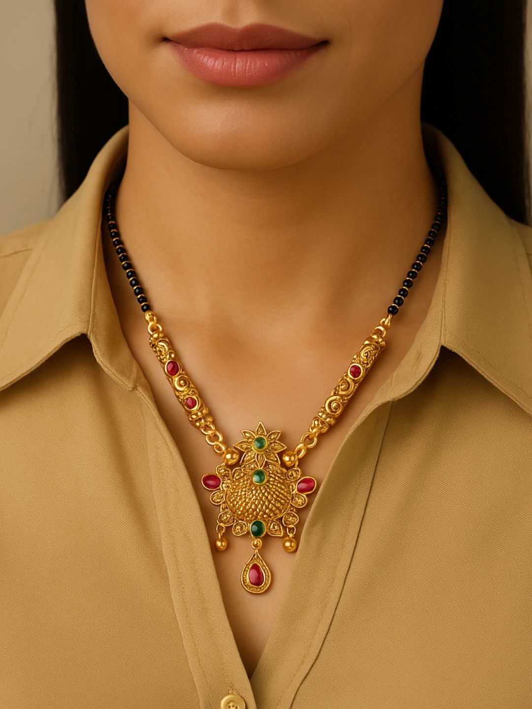 Etnico Gold Plated Traditional Pendant & Black Bead Chain Mangalsutra With Earrings For Women