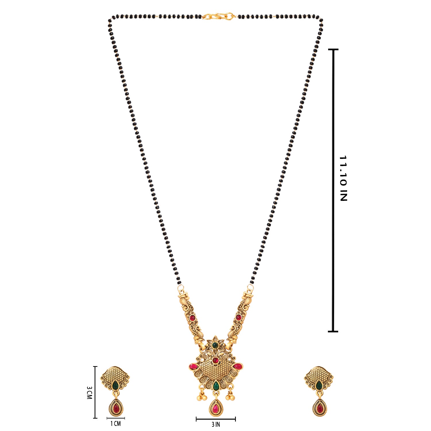 Etnico Gold Plated Traditional Pendant & Black Bead Chain Mangalsutra With Earrings For Women
