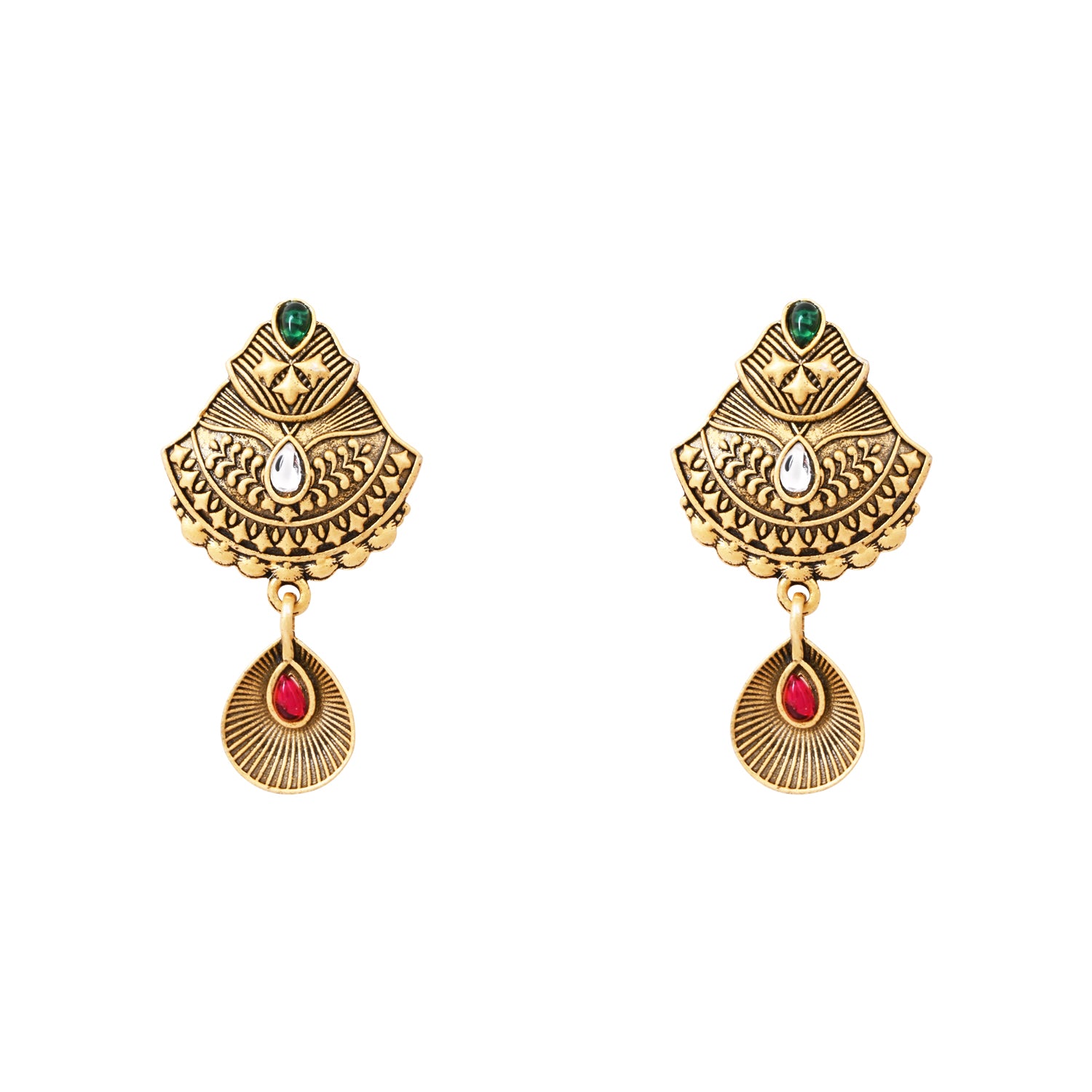 Etnico Gold Plated Traditional Studded Pendant & Black Bead Chain Mangalsutra With Earrings For Women