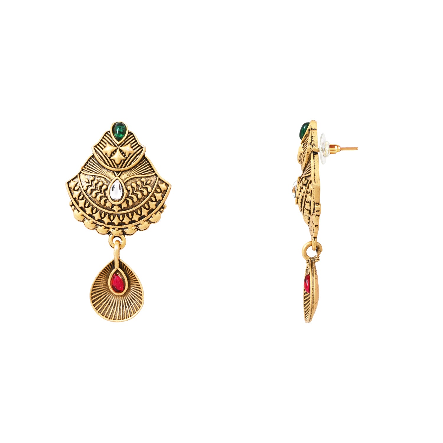Etnico Gold Plated Traditional Studded Pendant & Black Bead Chain Mangalsutra With Earrings For Women