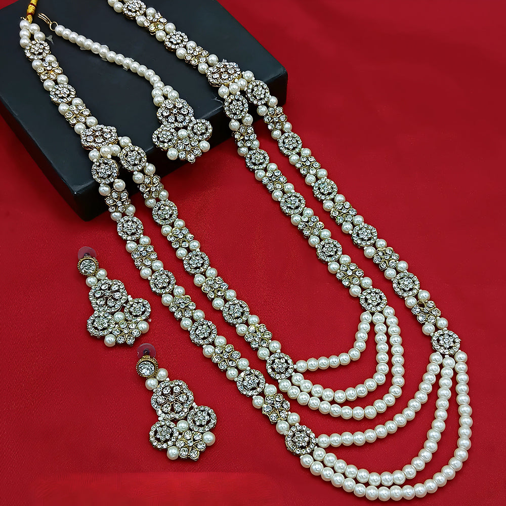 Knigght angel Gold Plated Austrian Stone And Pearl Long Necklace Set