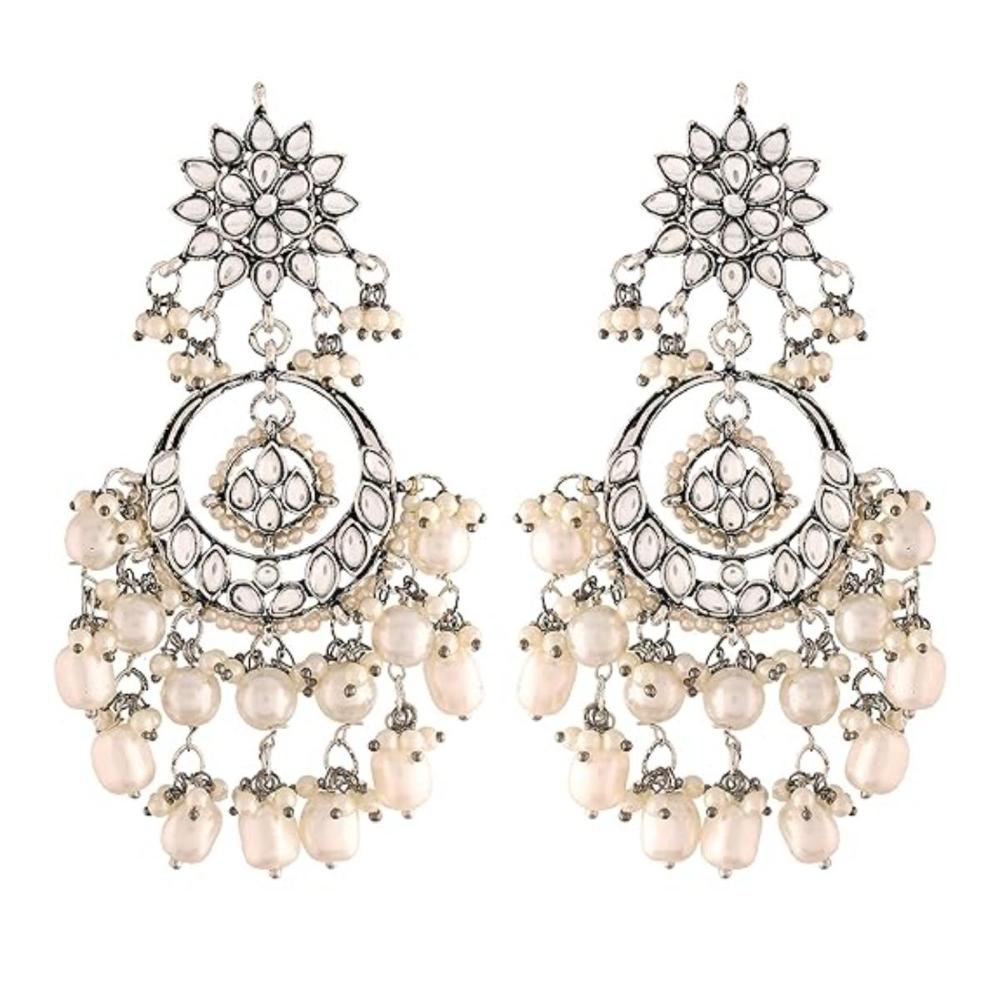 Etnico Silver Oxidised Traditional Kundan & Pearl Chandbali Earrings for Women (E2916OX)