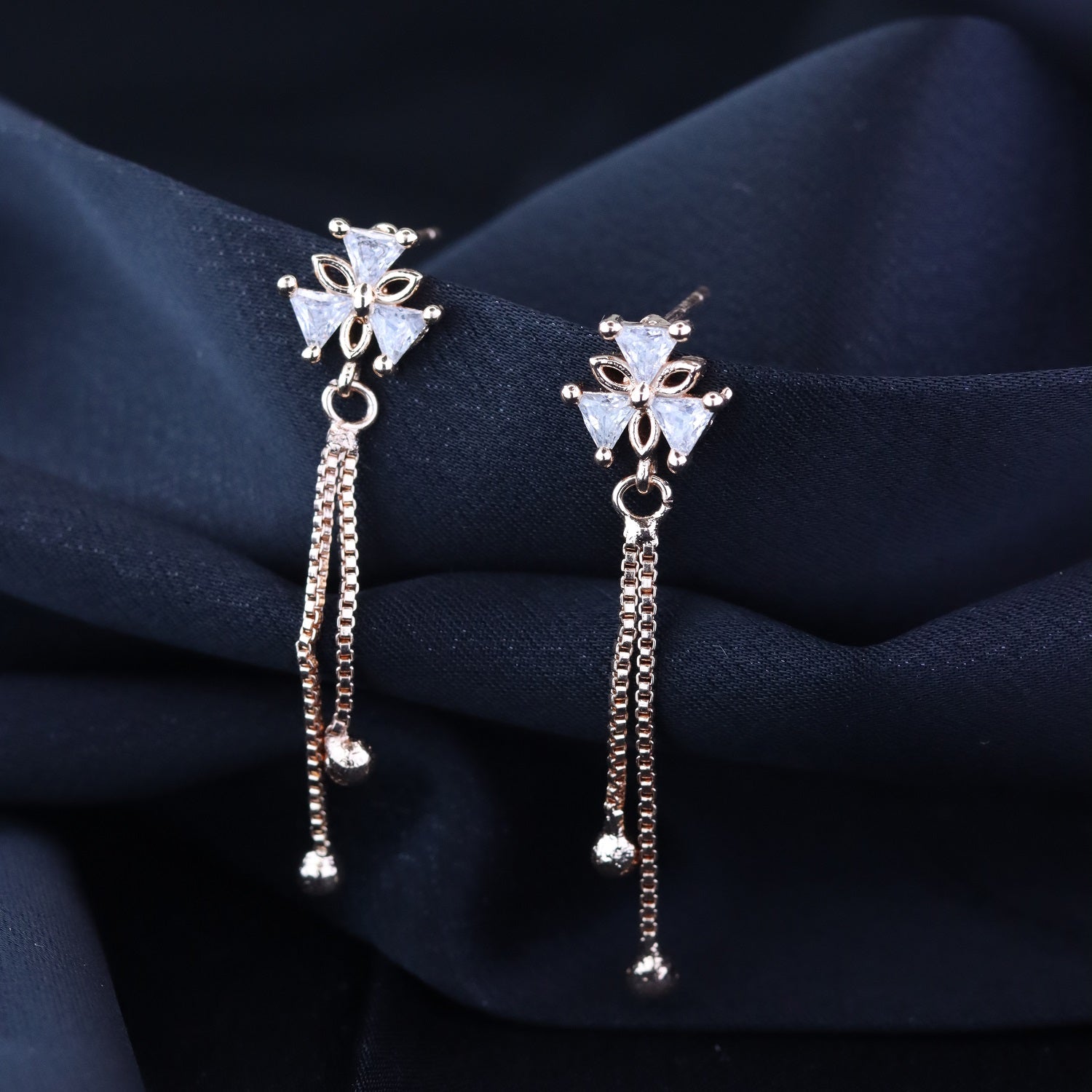 Etnico Valentines Special Sparkling Rose Gold Plated Floral Shape Stud CZ American Diamond Pearl Studed Tassel Drop Fashionable Earrings for Women/Girls