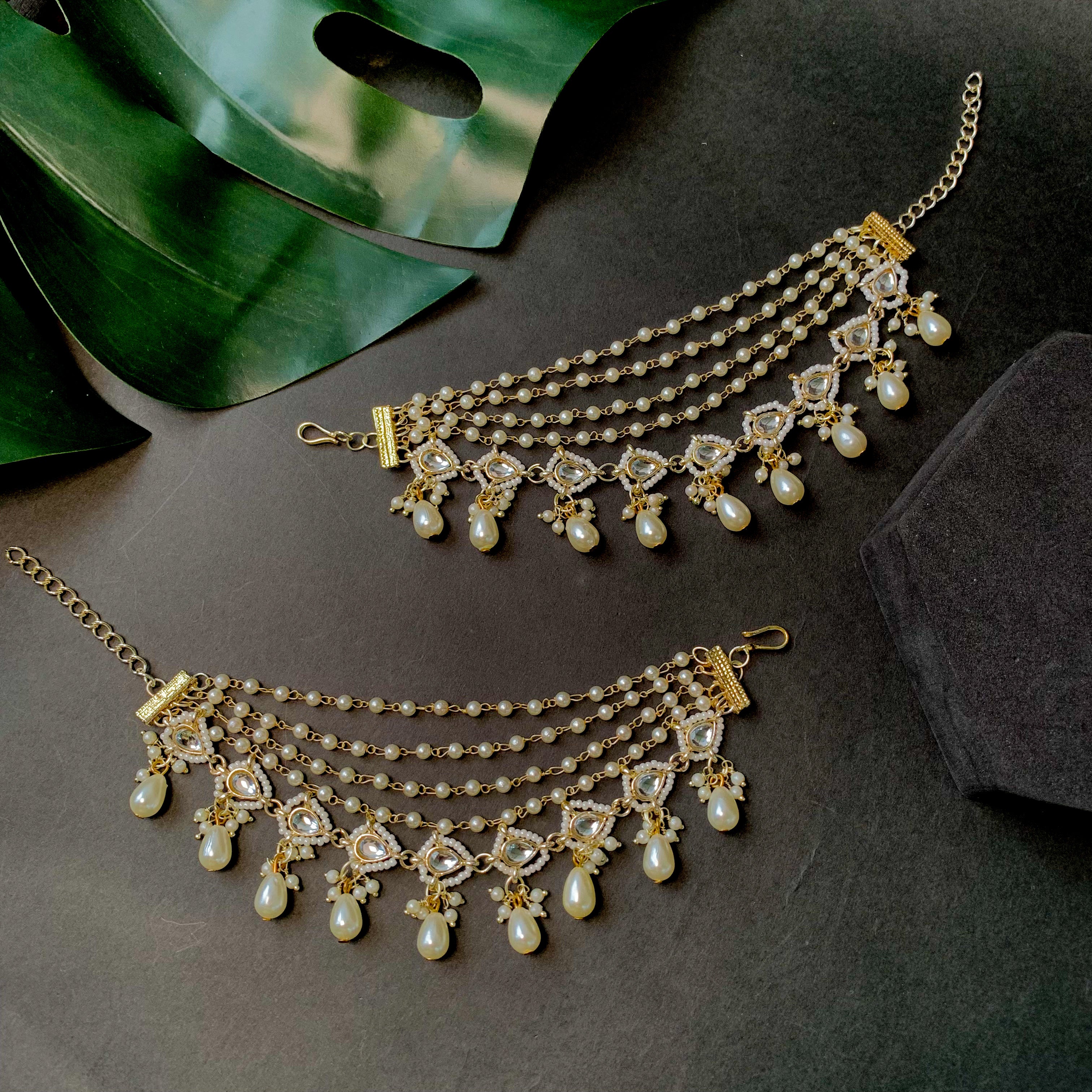 Etnico Gold Plated Traditional Layered Pearl Beaded Ear Chain with Kundan Accents for Women