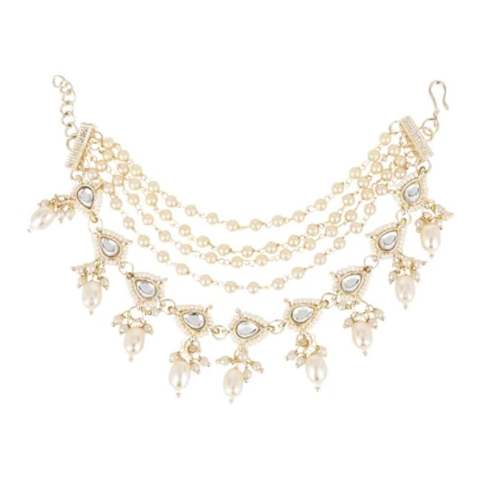 Etnico Gold Plated Traditional Layered Pearl Beaded Ear Chain with Kundan Accents for Women
