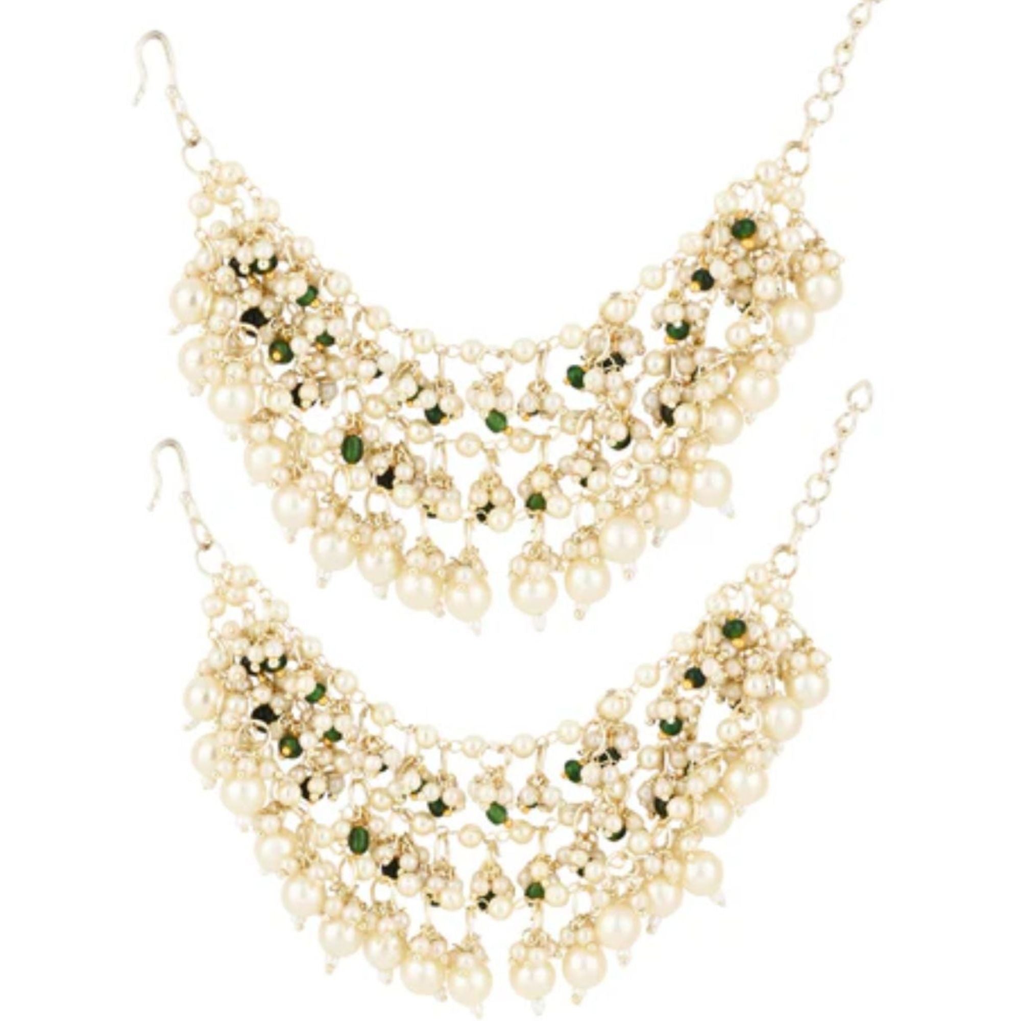Etnico Gold Plated Traditional Multi-Layer Pearl Beaded Pair of Ear Chains for Women