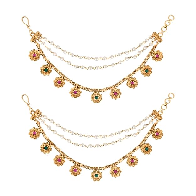 Etnico Gold Plated Traditional Flower Pearl Layered Hair Chain/Ear chain Accessories with Hook for Women