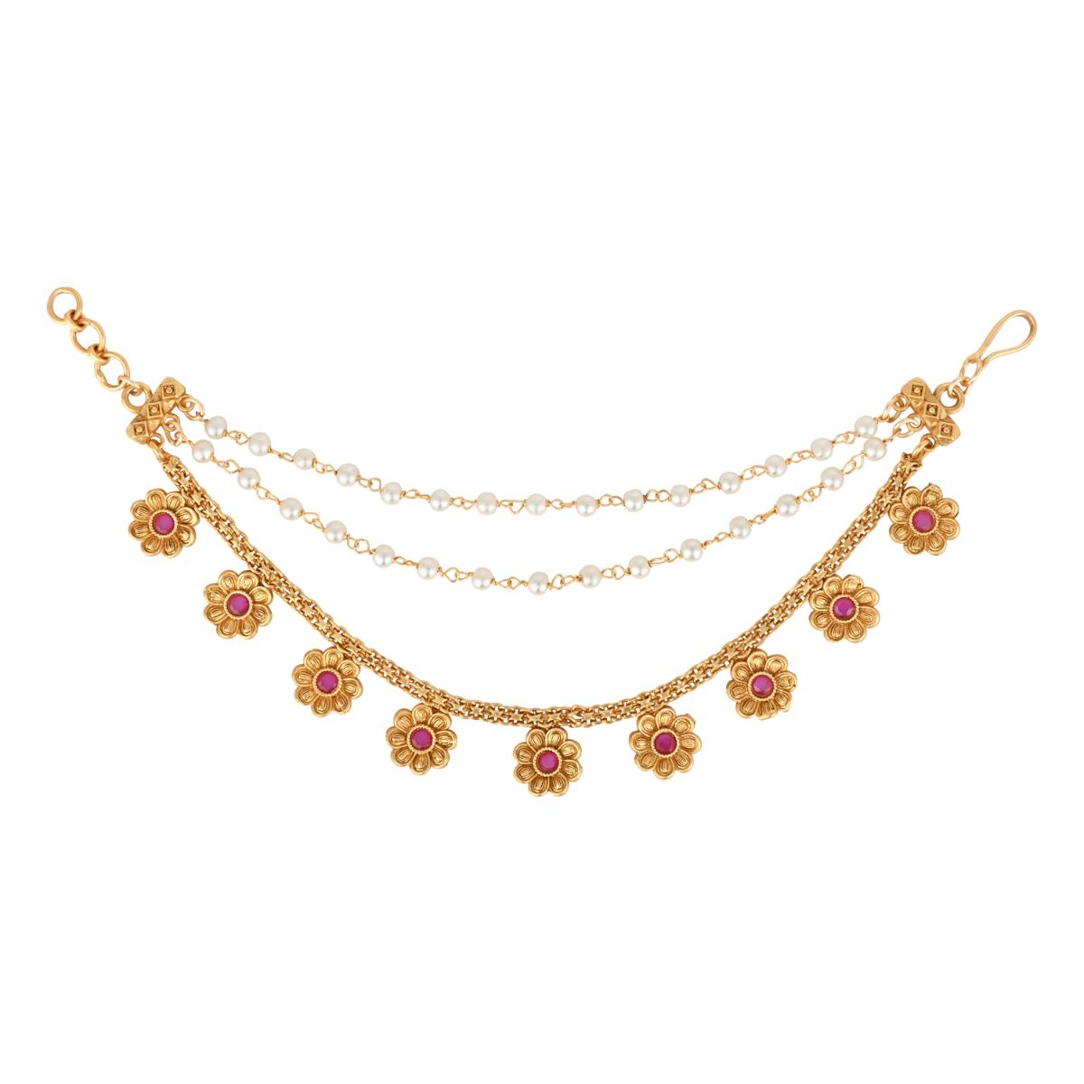 Etnico Gold Plated Traditional Flower Pearl Layered Hair Chain/Ear chain Accessories with Hook for Women