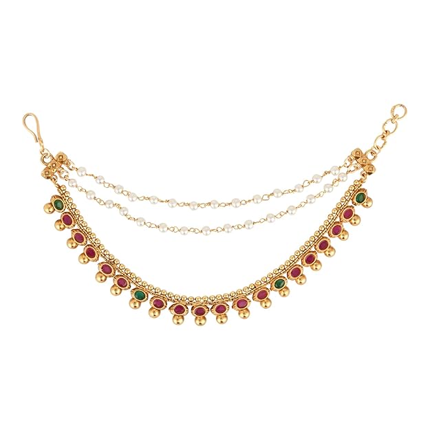 Etnico Gold Plated Traditional Kundan & Pearl Hair Chain/Ear chain Accessories with Hook for Women