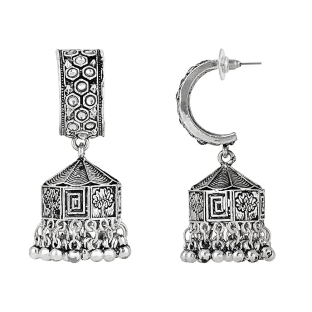 Etnico Silver Oxidised Jhumka Earrings For Women (E3235OX)