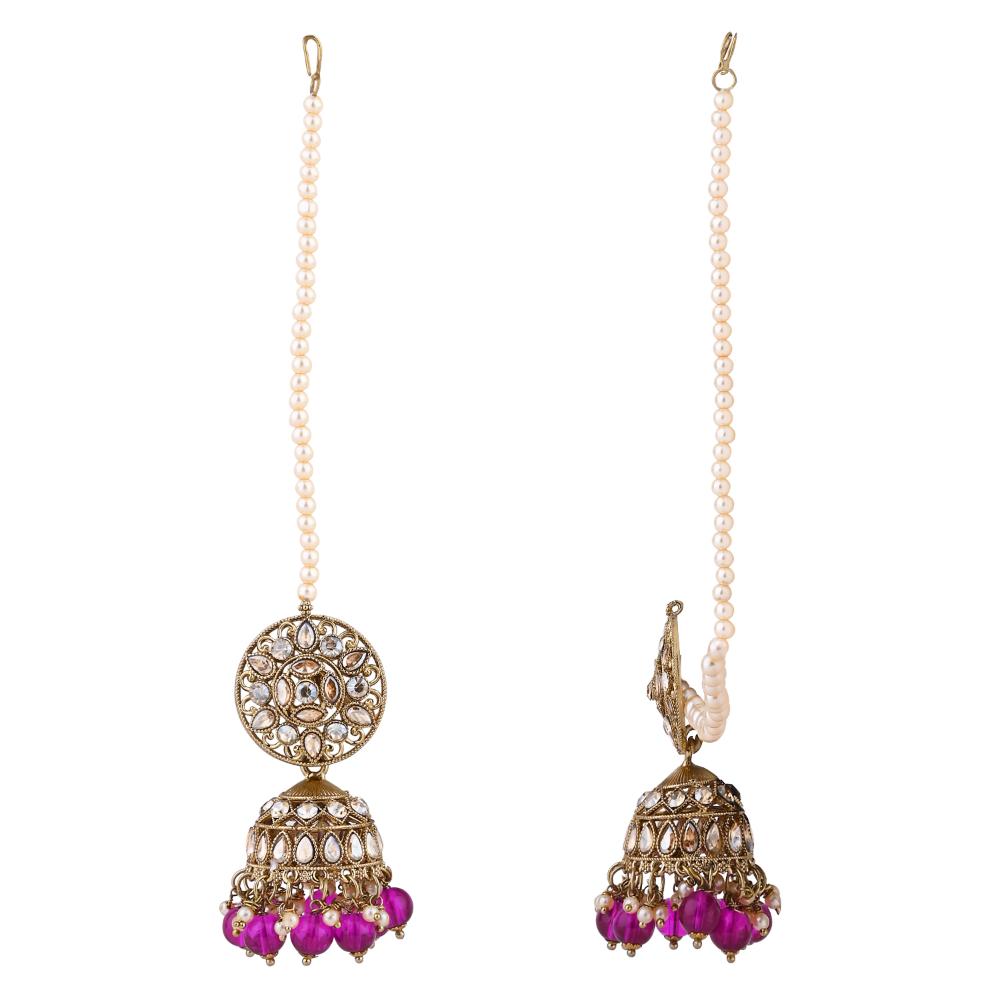 Etnico Gold Plated Traditional Kundan & Pearl Jhumka Earrings With Pearl Earchain For Women (E3259Pu)