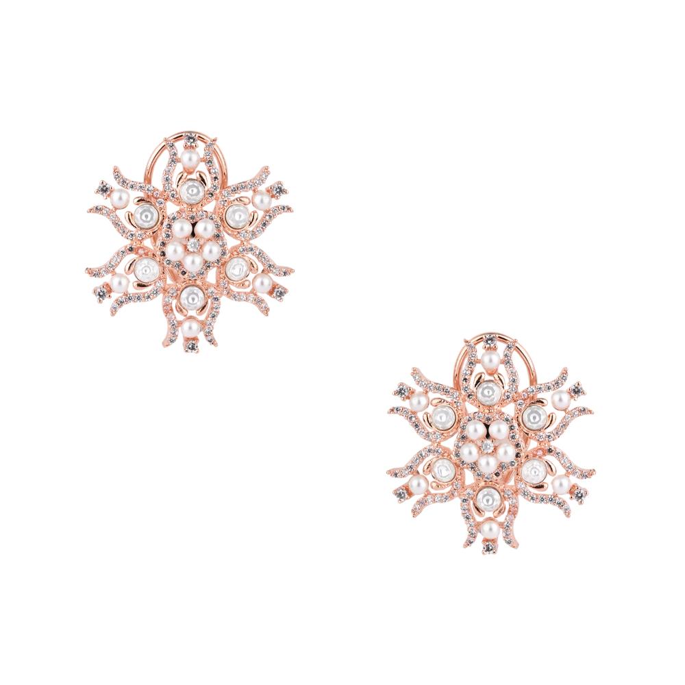 Etnico Rose Gold Plated Cubic Zirconia American Diamoand & Pearl Stud Earrings For Women (E3272RG)