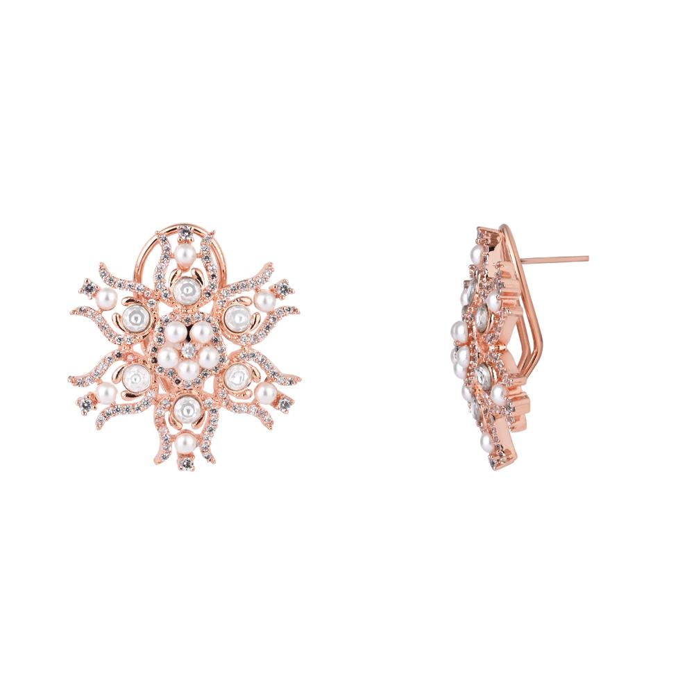 Etnico Rose Gold Plated Cubic Zirconia American Diamoand & Pearl Stud Earrings For Women (E3272RG)