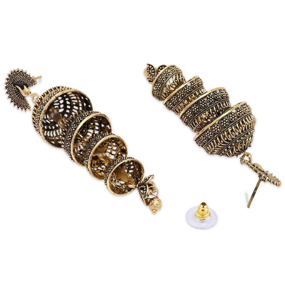 Etnico Gold Plated Peacock Multi Layered Jhumka Earrings For Women (E3286FL)