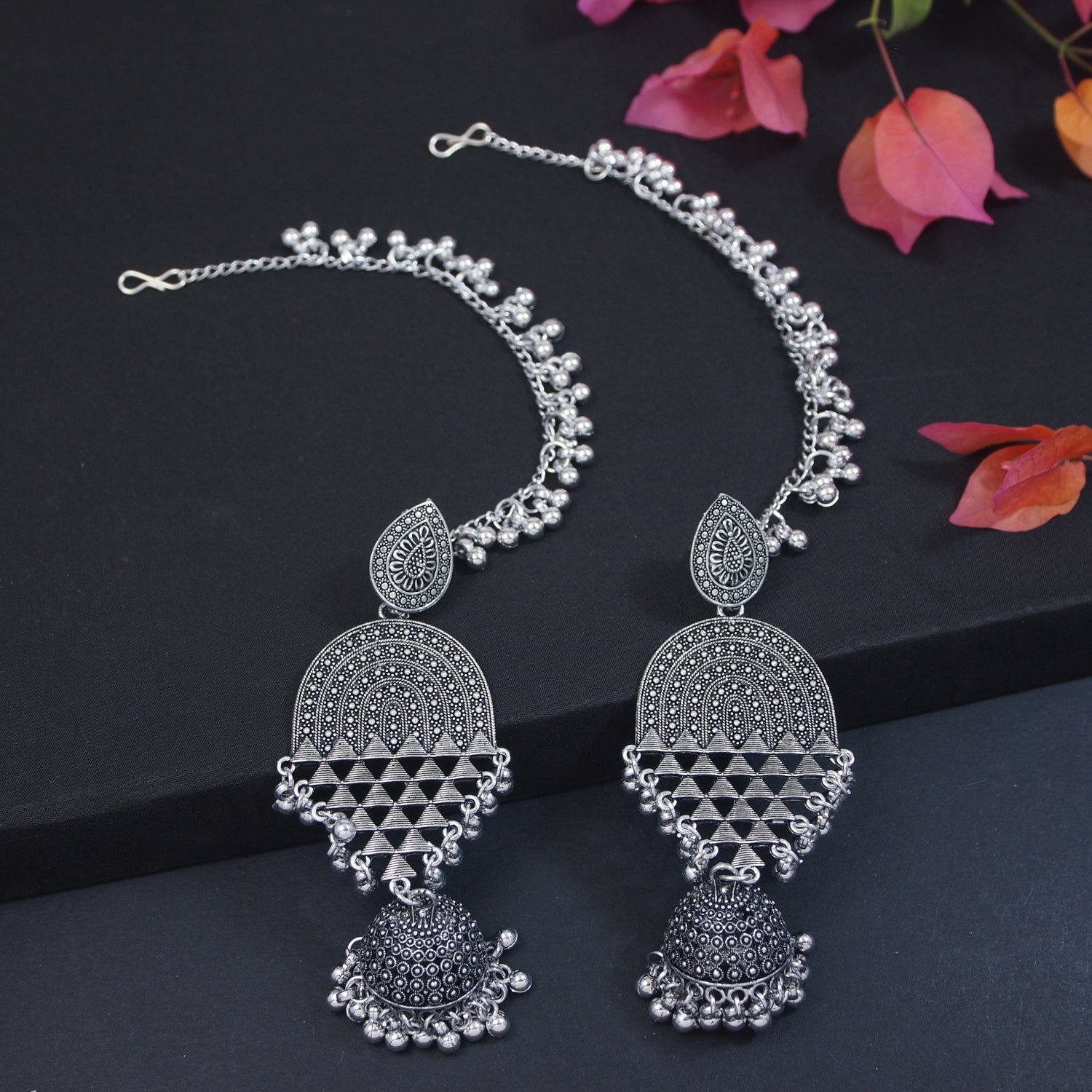 Etnico Silver Oxidised Traditional Jhumka Hair Chain/Ear chain Accessories with Hook For Women