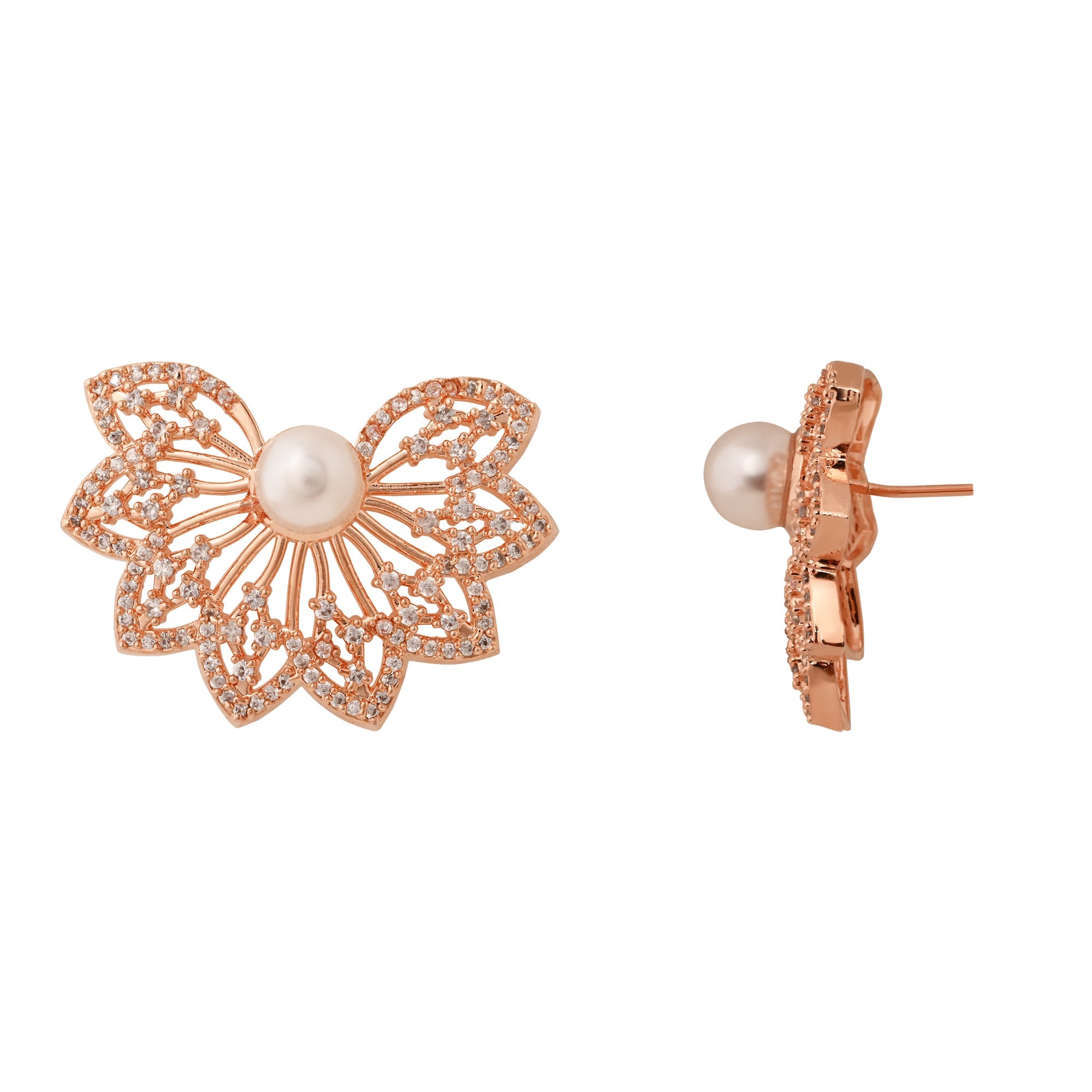 Etnico Rose Gold Plated Cubic Zirconia and American Diamond Fashionable Pearl Look Stud brass Earrings For Women