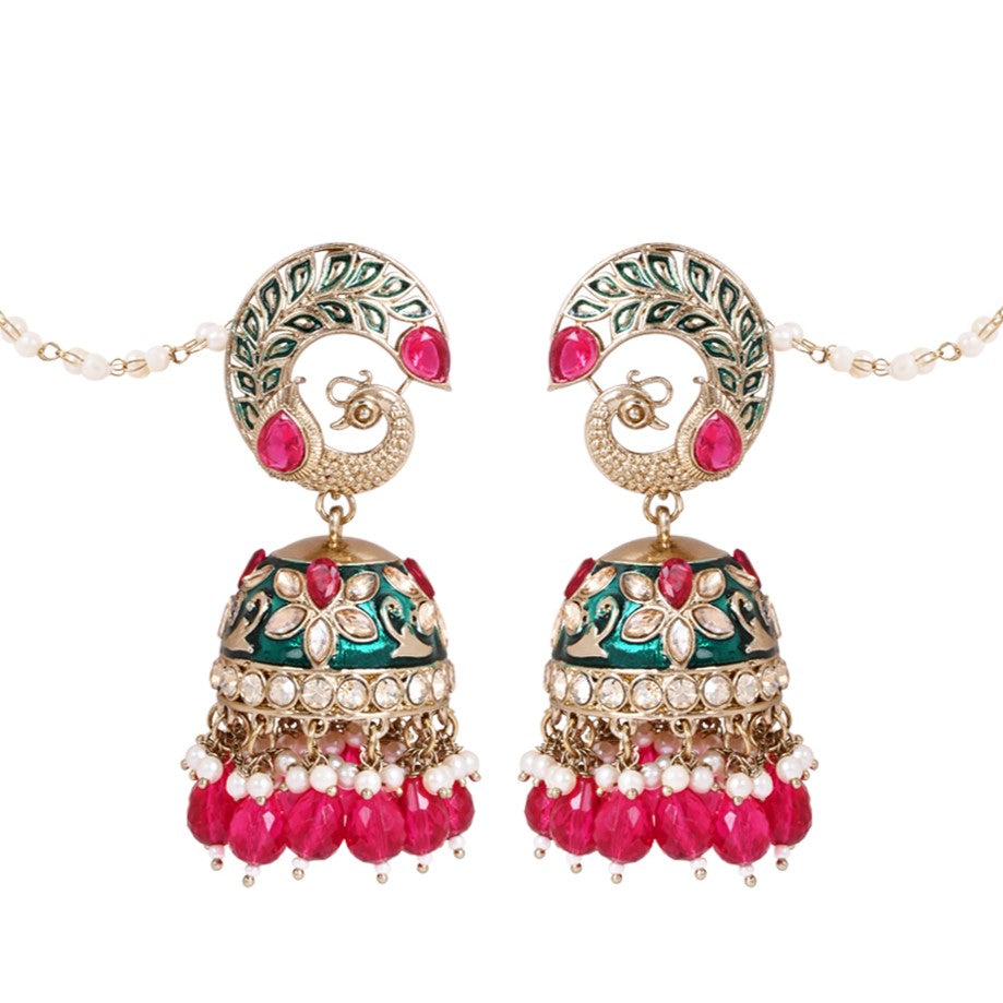 Etnico Gold Plated Traditional Meenakari Jhumka with Ear chain For Women