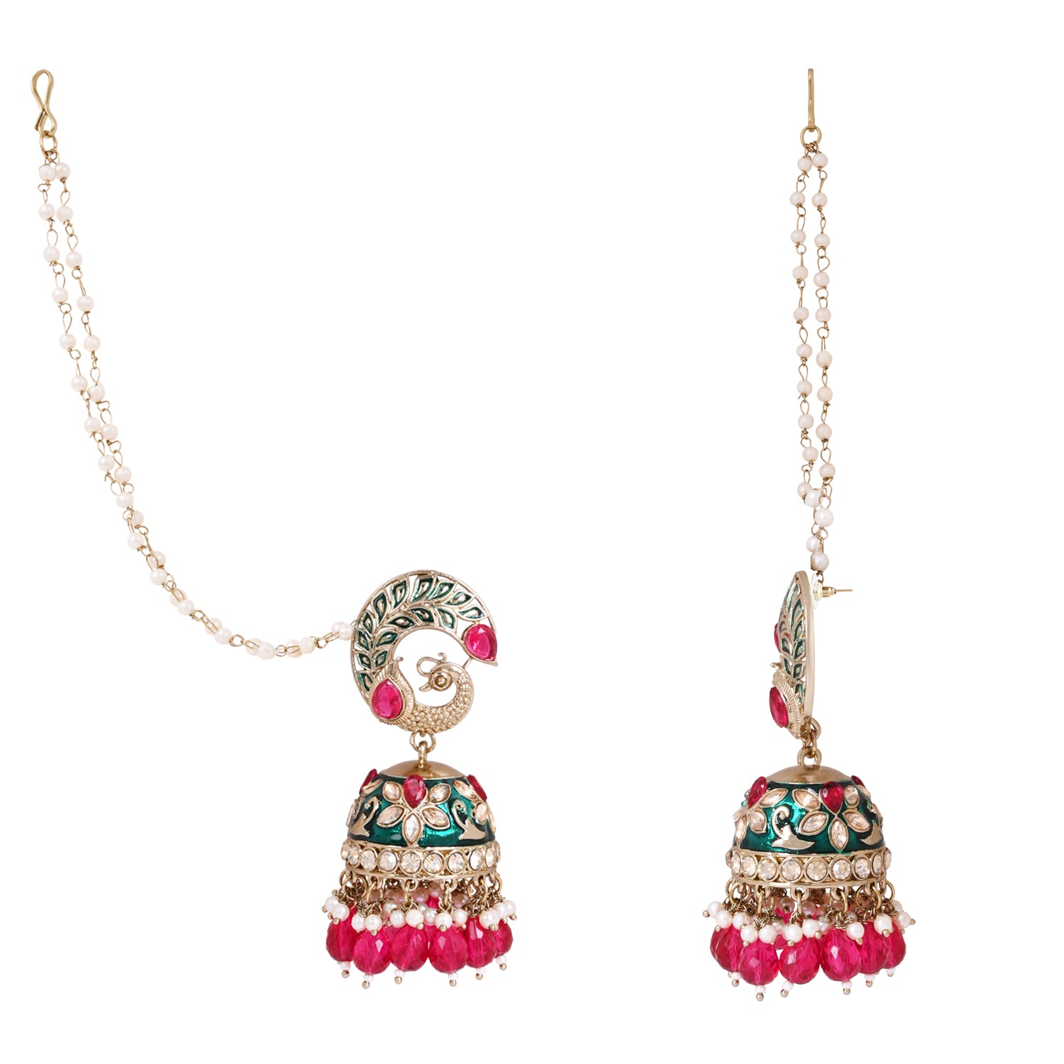 Etnico Gold Plated Traditional Meenakari Jhumka with Ear chain For Women