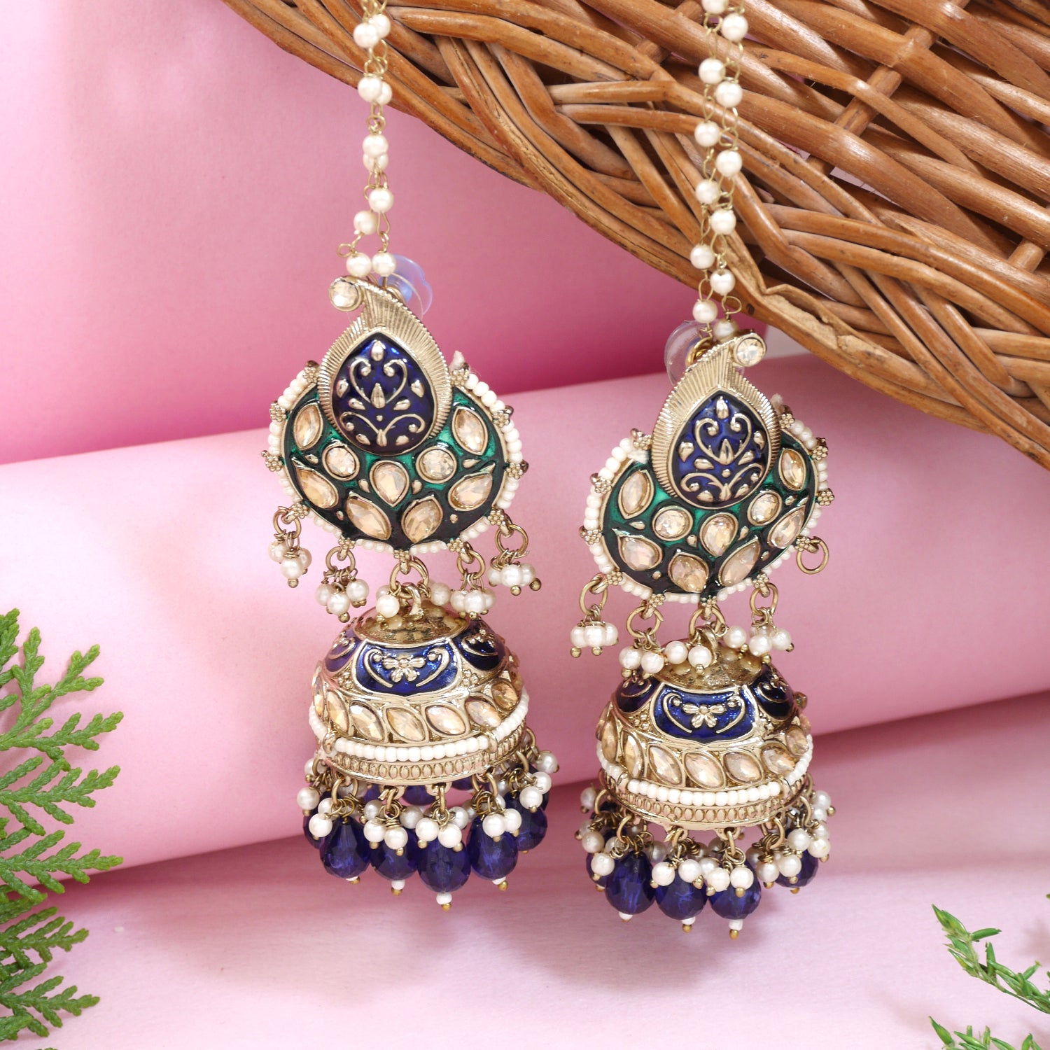 Etnico Gold Plated Traditional Meenakari Jhumka with Ear chain For Women