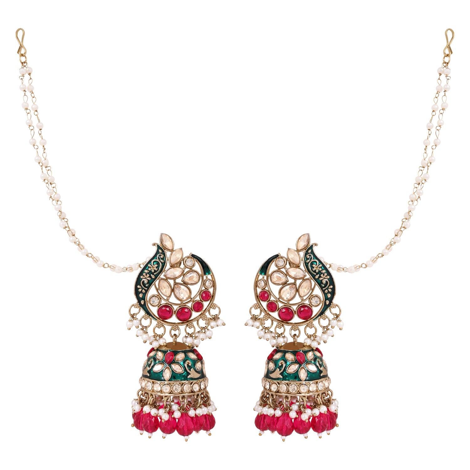 Etnico Gold Plated Traditional Meenakari Kundan & Pearl Jhumka Earrings With Earchain For Women