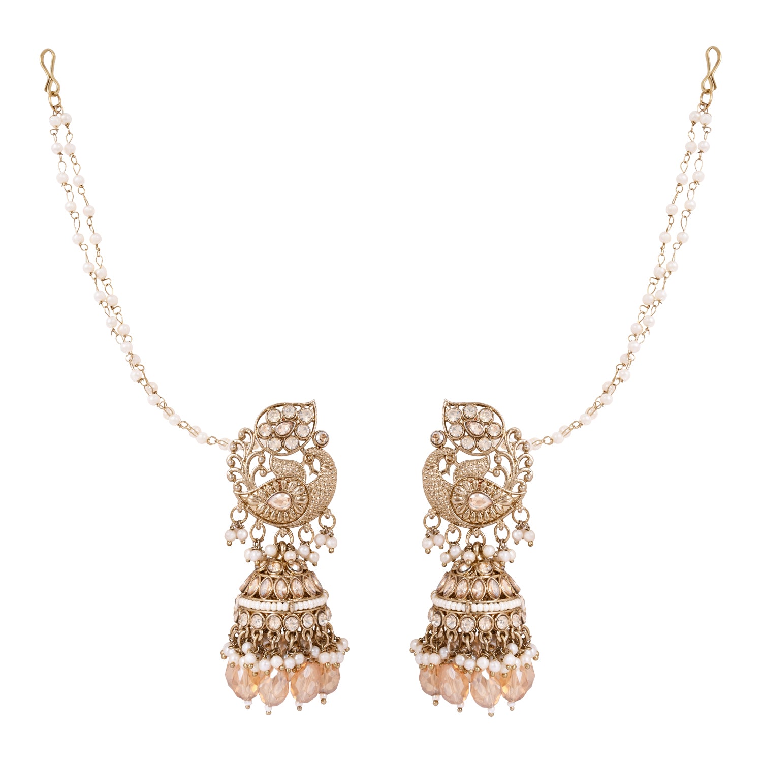 Etnico Gold Plated Traditional Kundan & Pearl Jhumka Earrings With Earchain For Women
