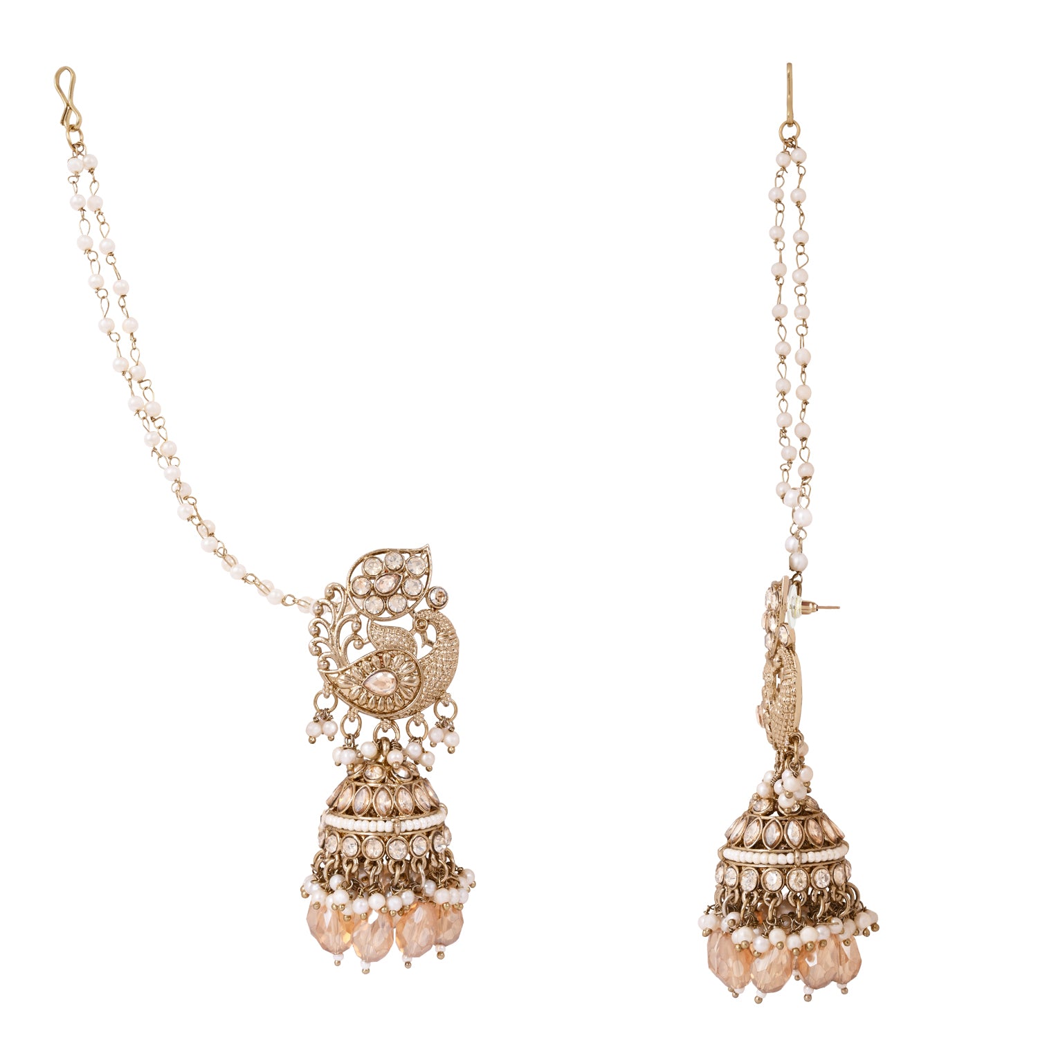 Etnico Gold Plated Traditional Kundan & Pearl Jhumka Earrings With Earchain For Women
