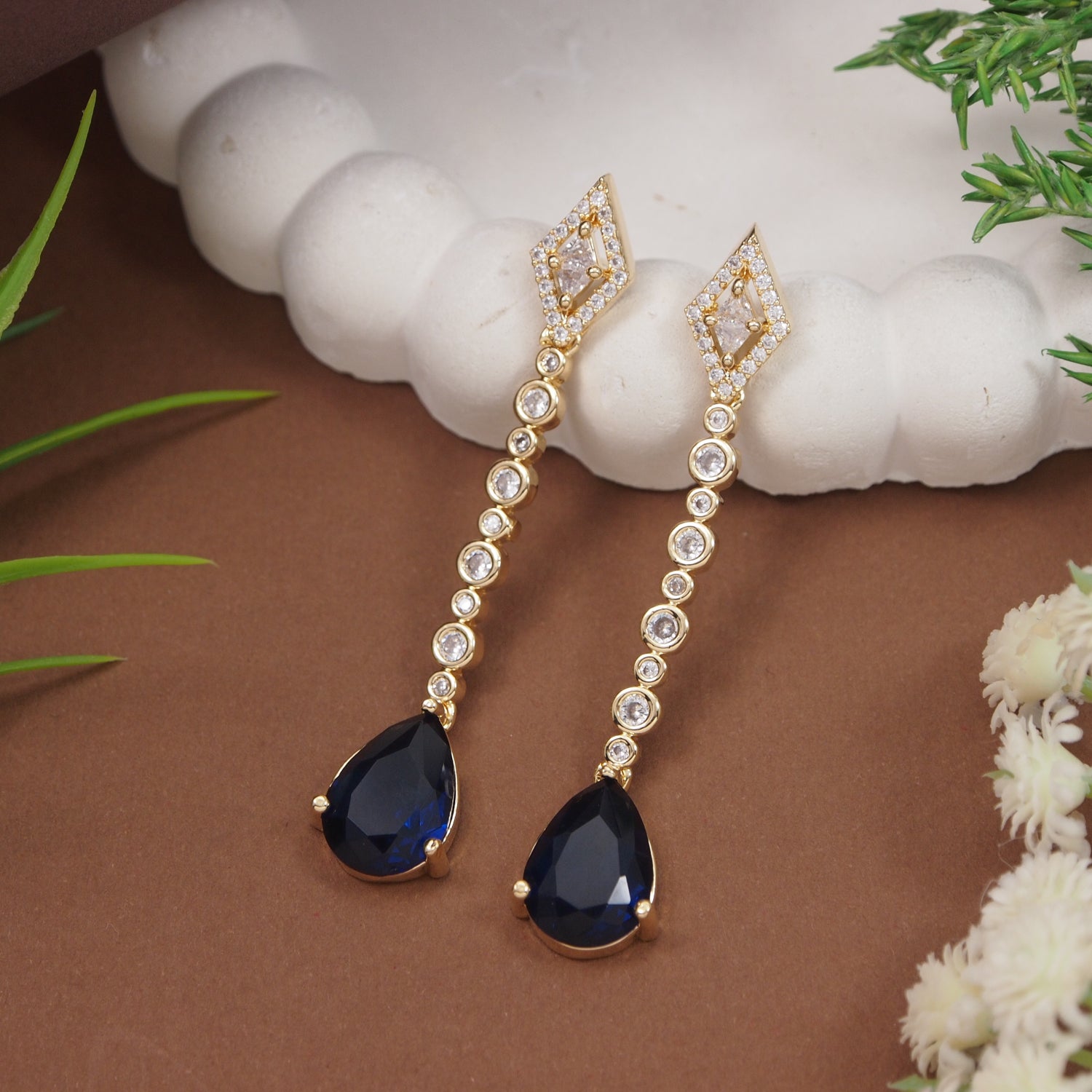 Etnico Gold Plated American Diamond Cubic Zirconia Linear Drop Dangler Earrings