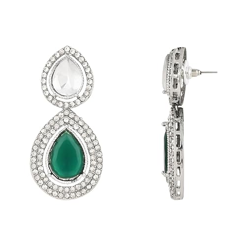 Etnico Silver Plated Traditional Stone & Beads Tear Drop Earrings For Women