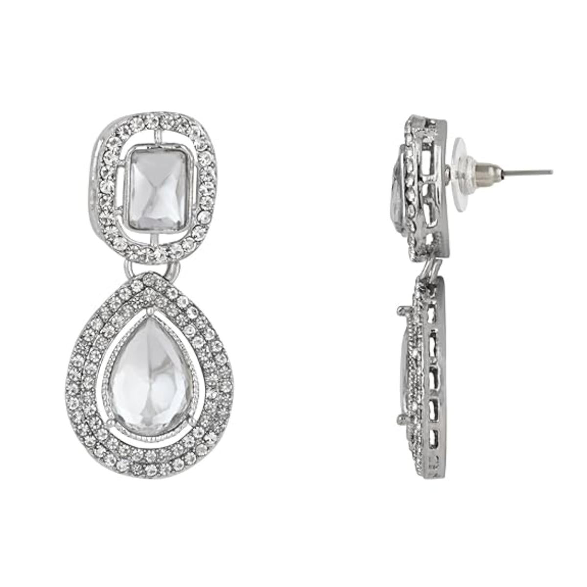 Etnico Silver Plated Traditional Stone & Beads Tear Drop Earrings For Women
