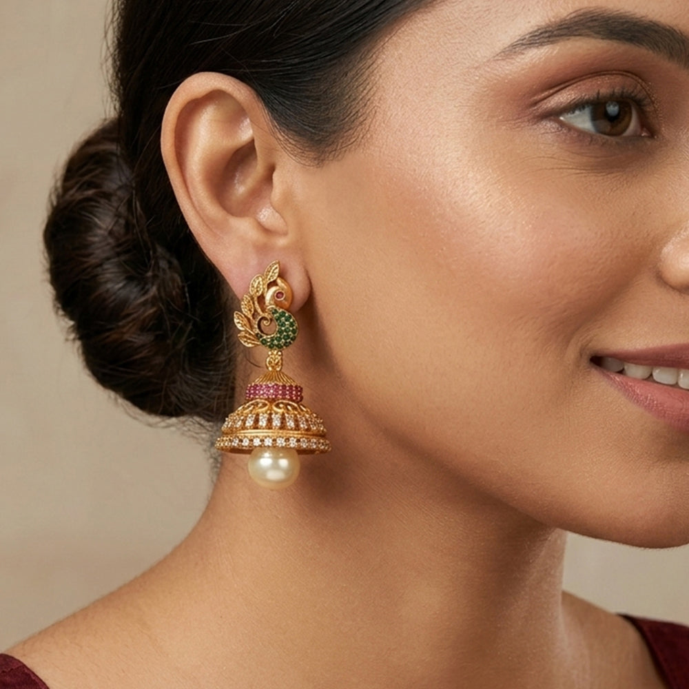 Js Fashion Kemp Jewellery Matte Gold Polish Peacock Design Kemp Jhumka Earrings