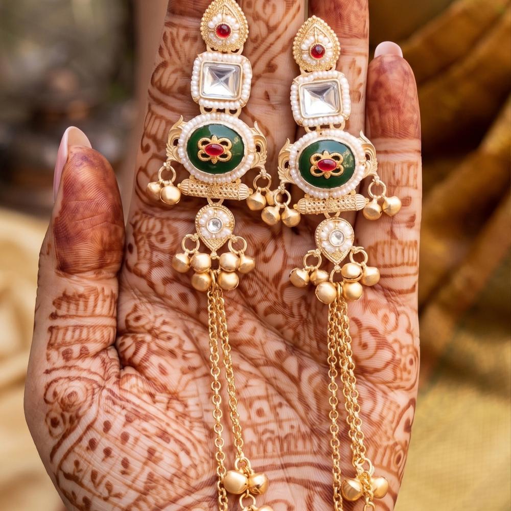 Js Fashion High Gold Finish Antique Long Kundan Earrings
