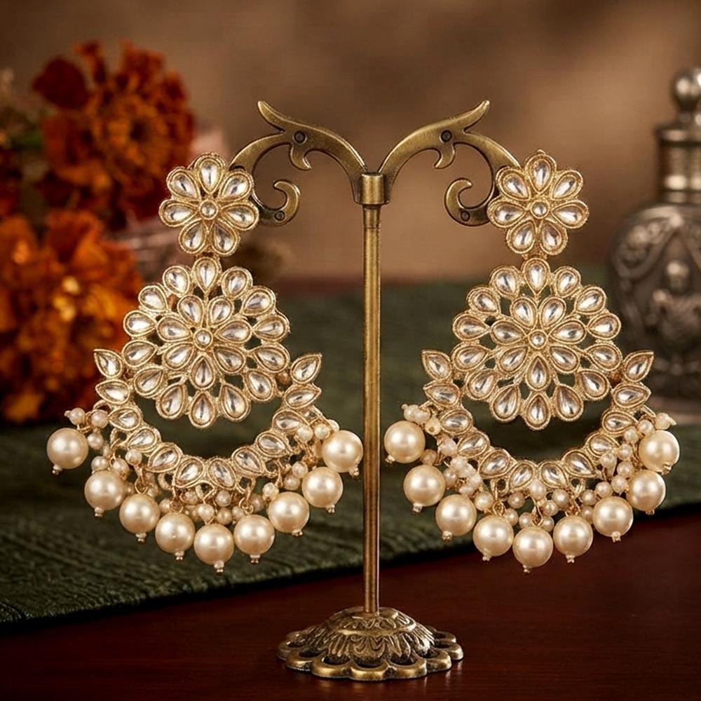 Js Fashion Designer Pearl Chandbali Earrings with Kundan Work