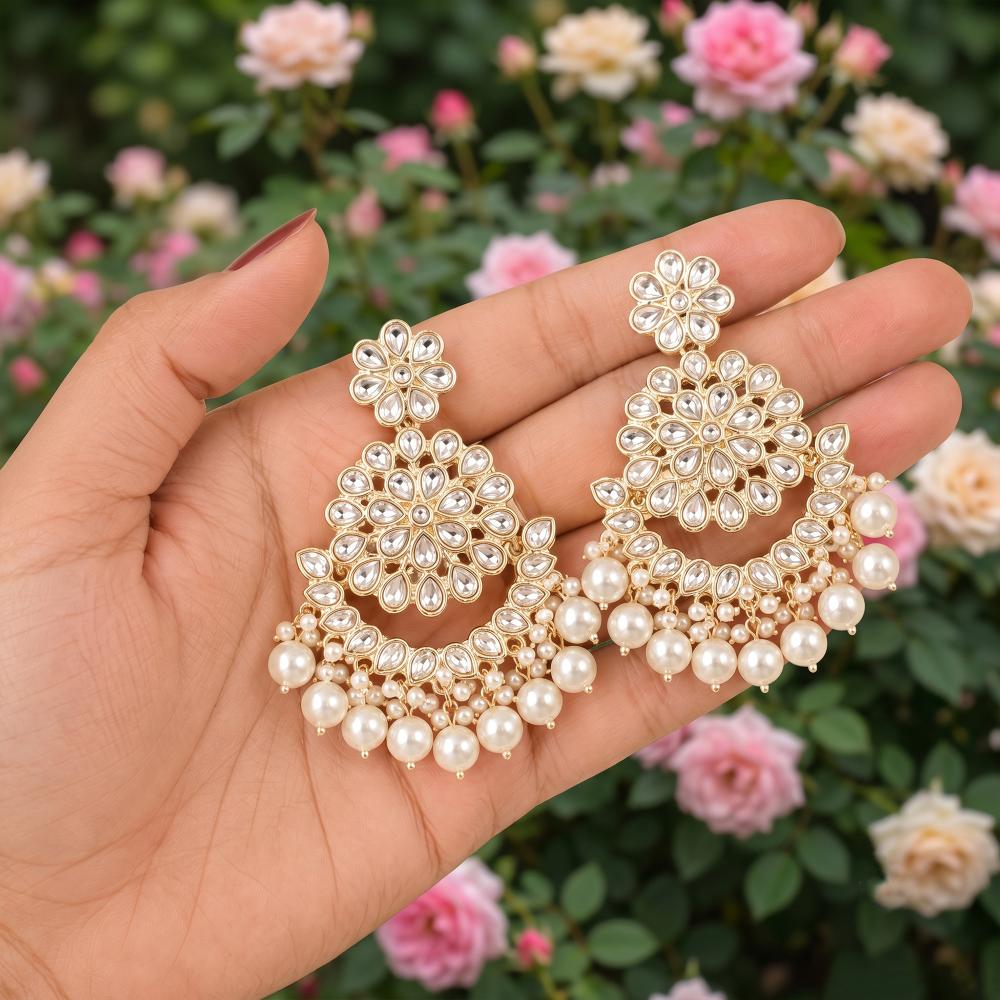 Js Fashion Designer Pearl Chandbali Earrings with Kundan Work