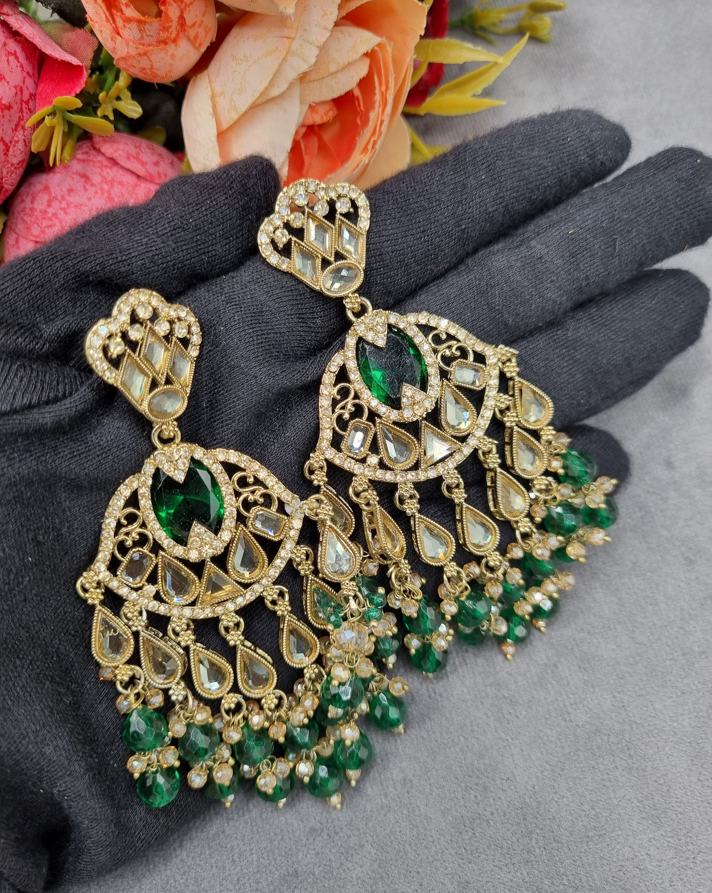 LAFZ Antique Gold Statement Chandbali Earrings with Crystal Beads - ER130