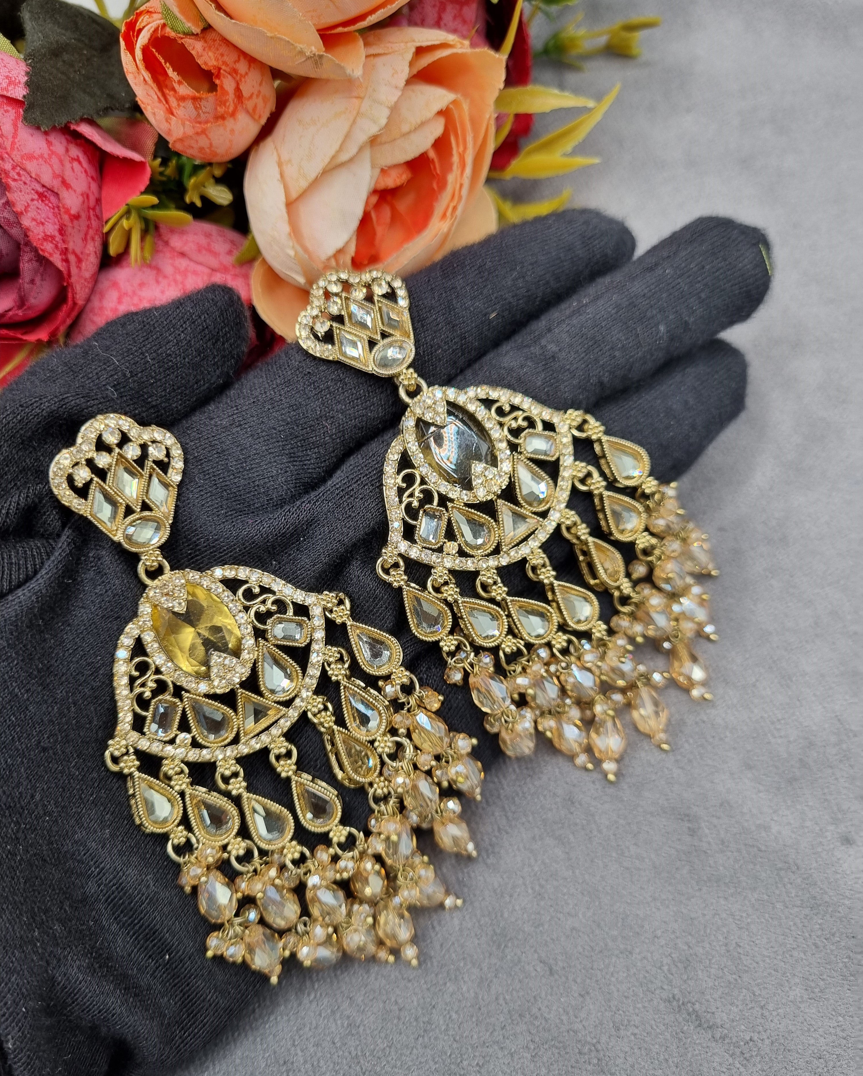 LAFZ Antique Gold Statement Chandbali Earrings with Crystal Beads - ER130