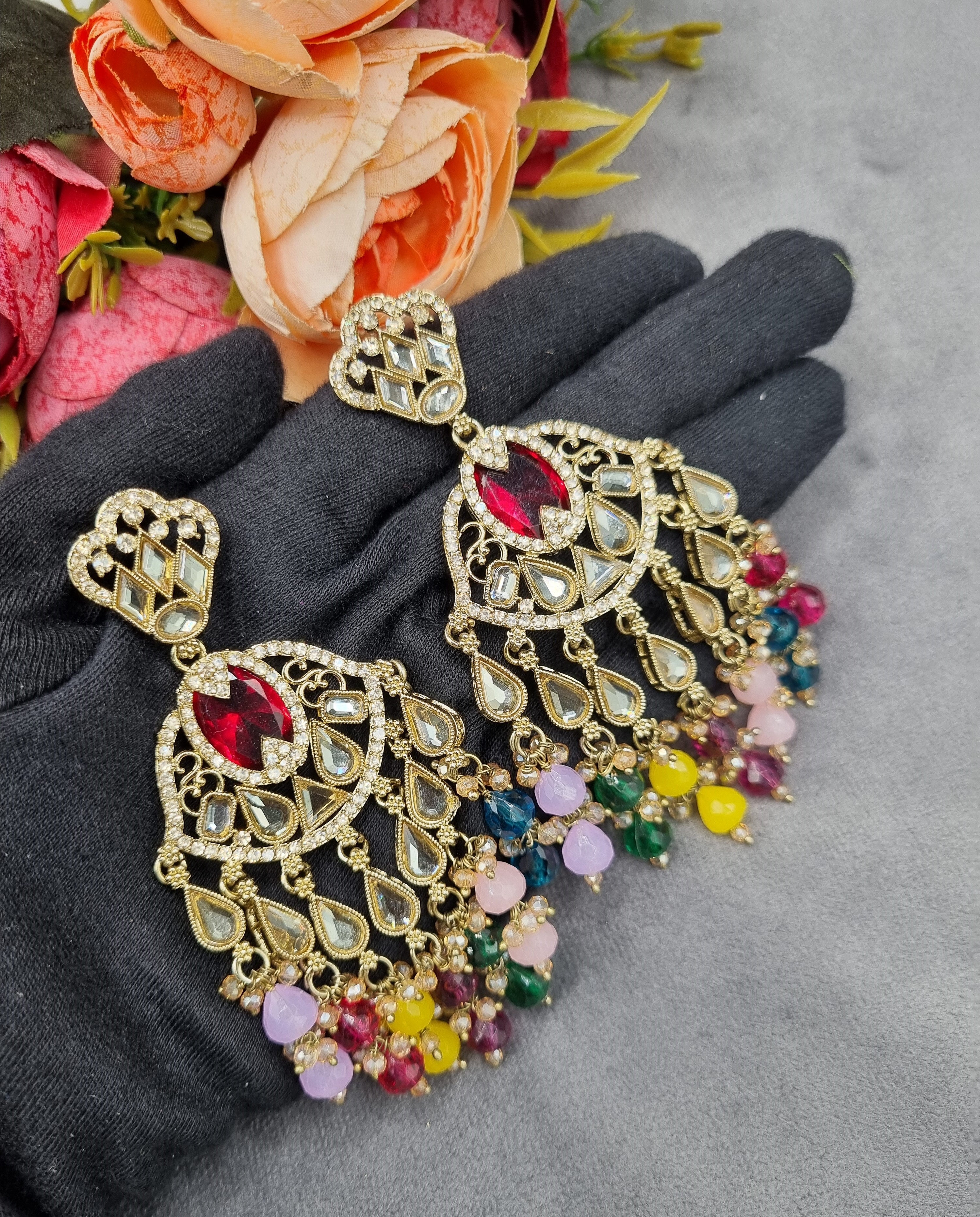 LAFZ Antique Gold Statement Chandbali Earrings with Crystal Beads - ER130