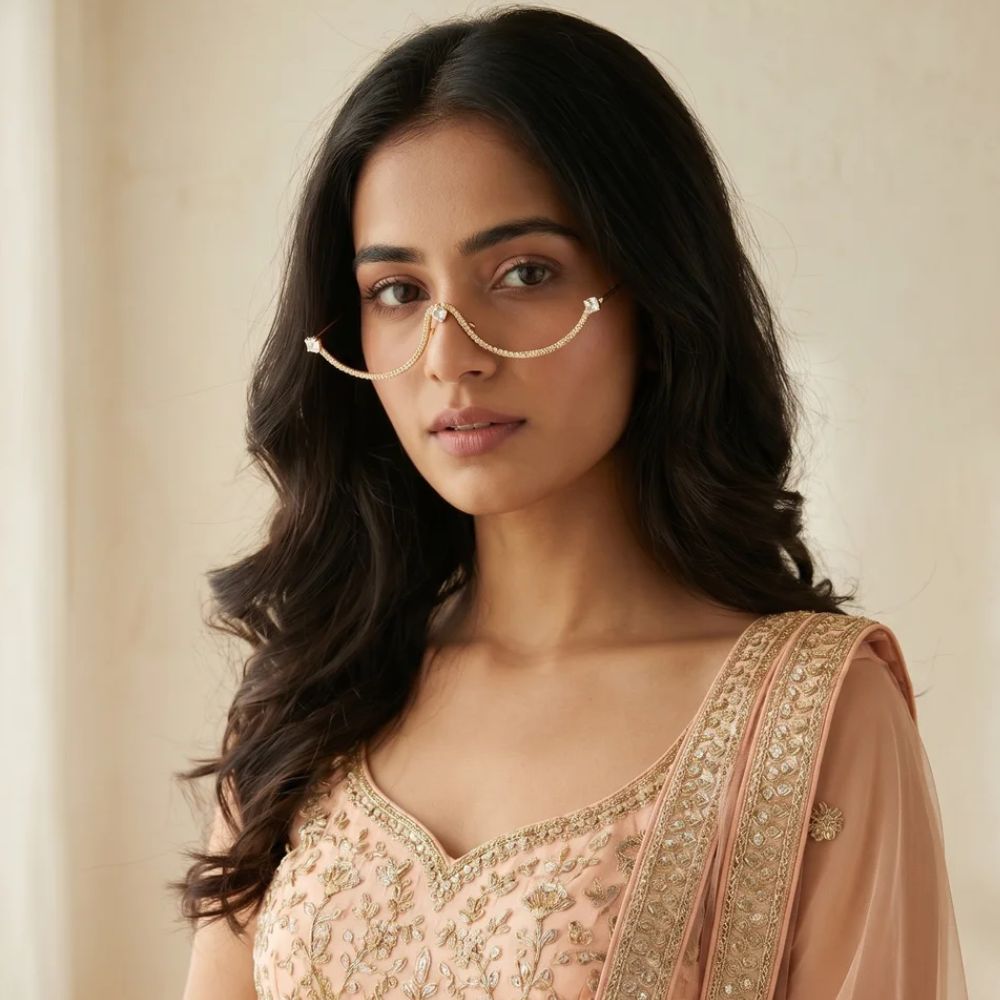 EtnicoFashion Gold Plated American Diamond Facelet Rimless Chainless Lensless Glasses Eyewear Statement Party Accessory for Women & Girls (F002)