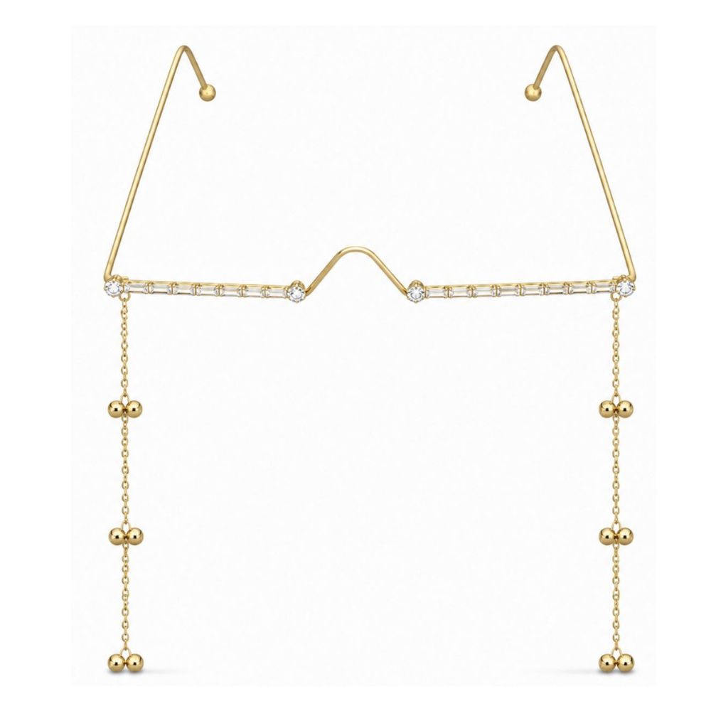 EtnicoFashion Gold Plated American Diamond Facelet Rimless Lensless Glasses Eyewear with Decorative Chains and Ghungroo Statement Party Accessory for Women & Girls (F005)