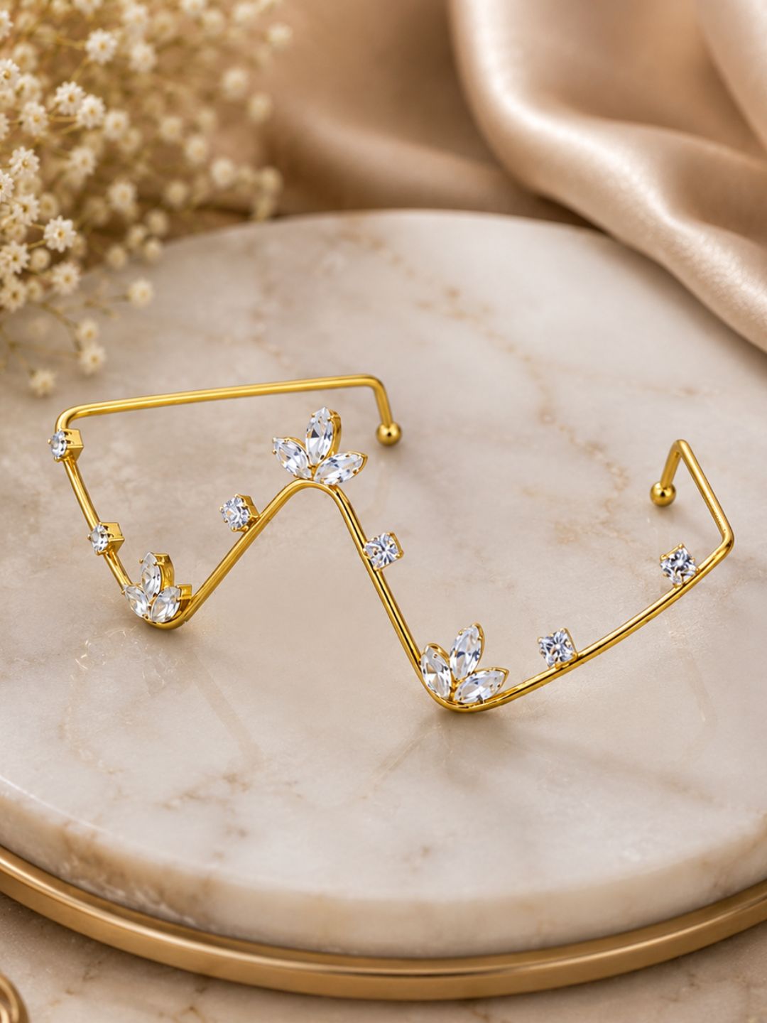 EtnicoFashion Gold Plated American Diamond Facelet Rimless Lensless Glasses Eyewear with Zigzag Floral Design Statement Party Accessory for Women & Girls (F006)