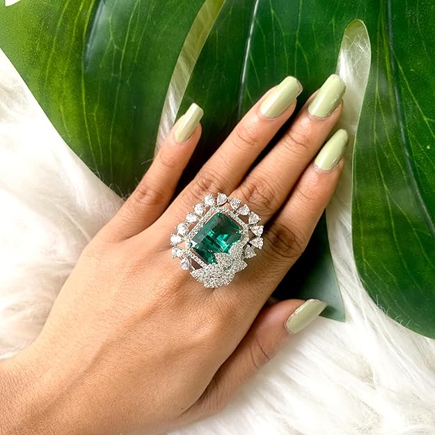 Etnico Silver Plated Valentines Special Stylish Latest Fashion Square Shape CZ American Diamond Adjustable Finger Ring for Women and Girls