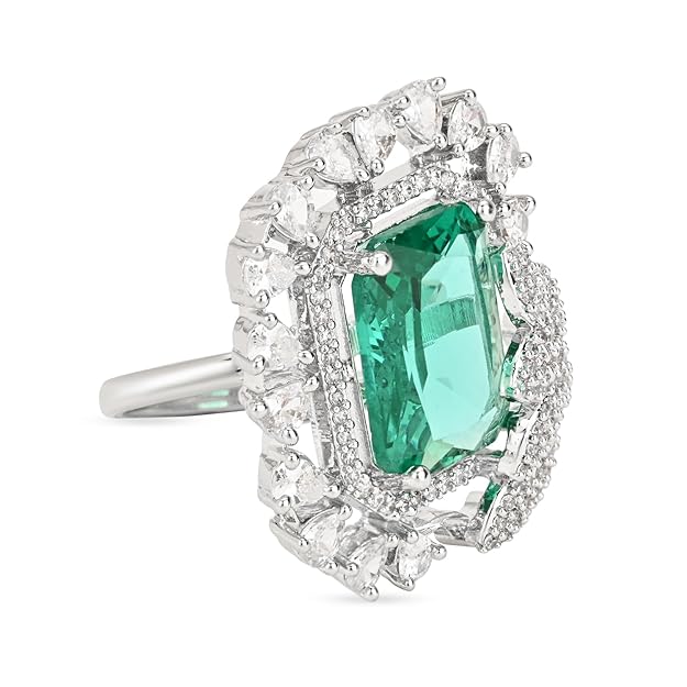 Etnico Silver Plated Valentines Special Stylish Latest Fashion Square Shape CZ American Diamond Adjustable Finger Ring for Women and Girls