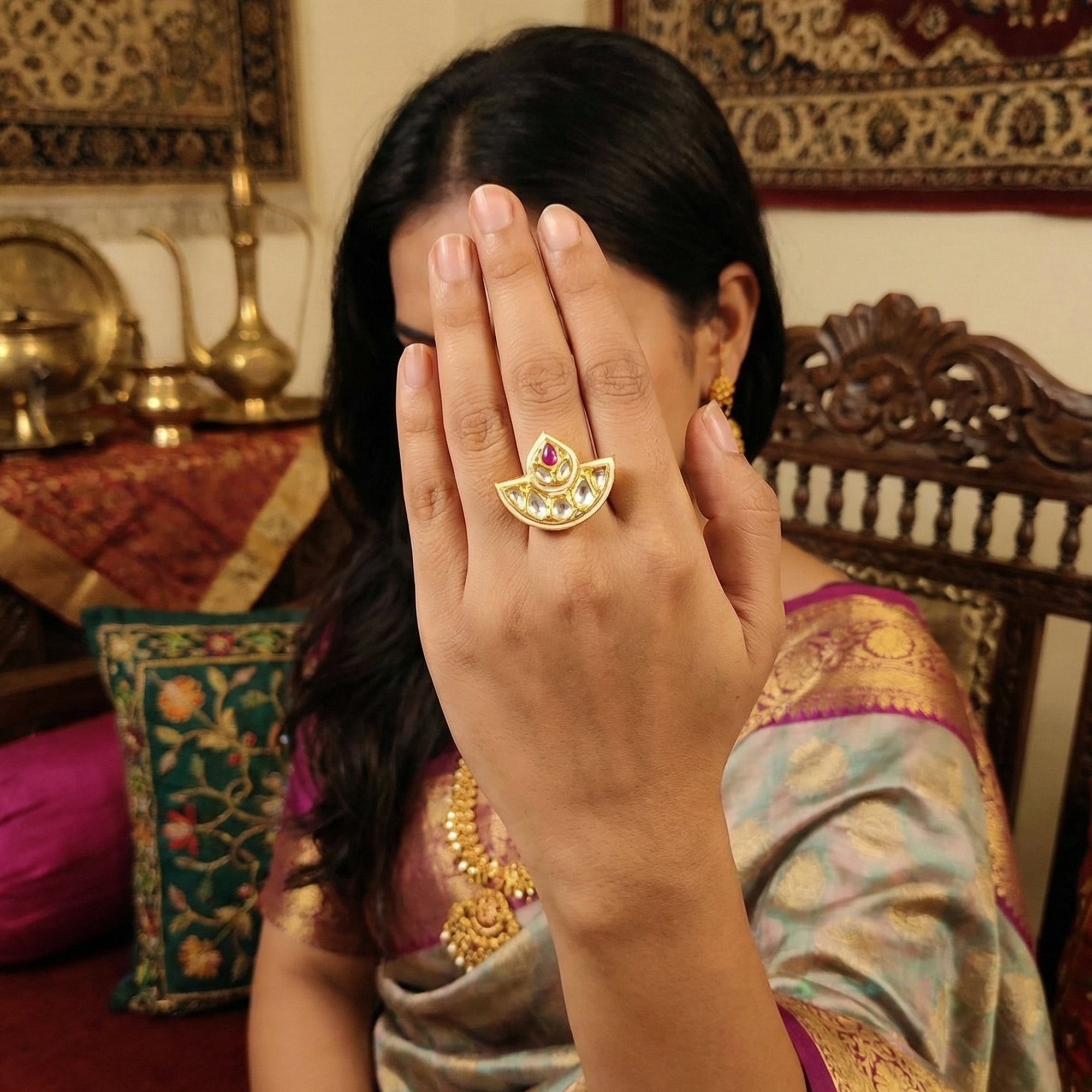 Js Fashion Heritage High Gold Kundan Stone And Meenakari Ring