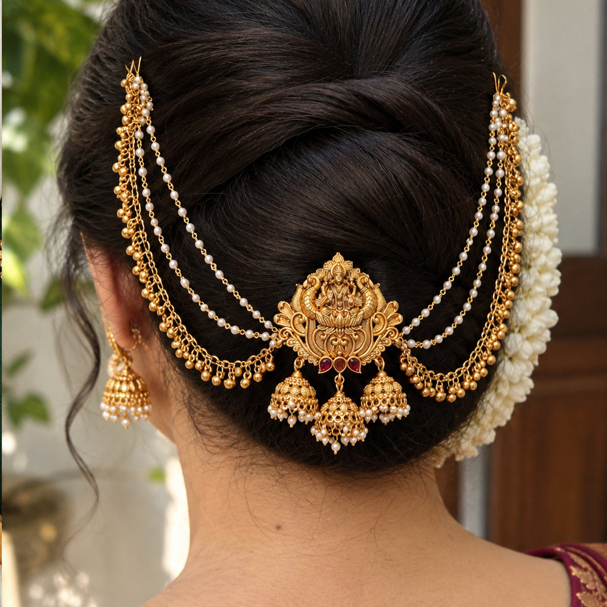 Js Fashion Designer God Laxmi design Pearl jhumka Temple Juda Hair Accessory