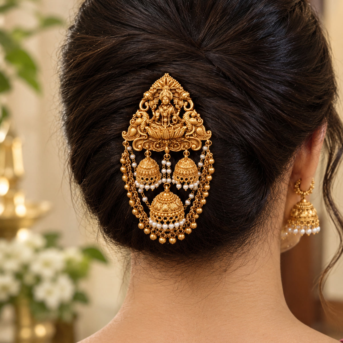 Js Fashion Designer God Laxmi design Pearl jhumka Temple Juda Hair Accessory