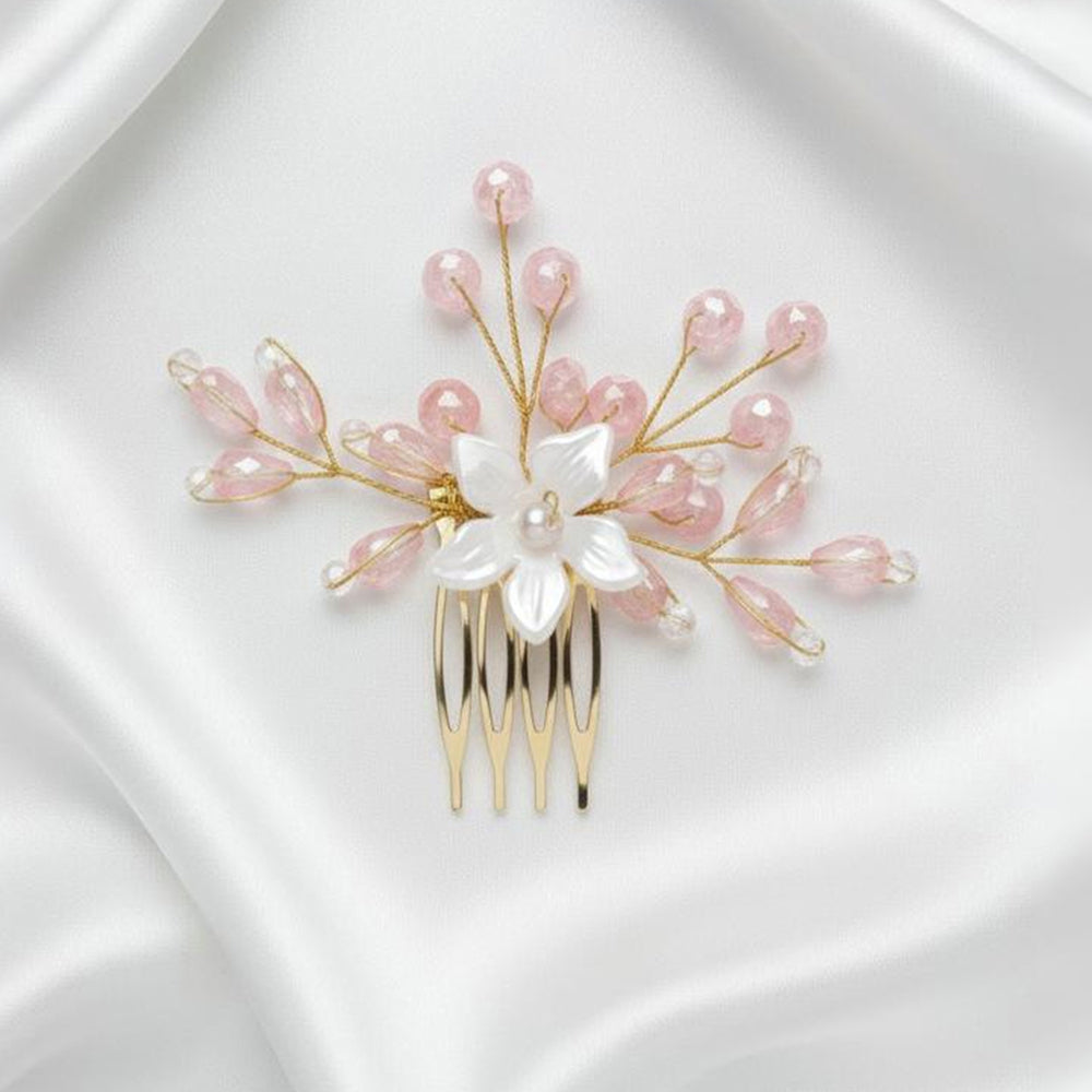 Js Fashion Bridal Floral Hair Comb for Women | Pearl & Crystal Wedding Hair Accessory | Pink Flower Hair Pin for Bride & Bridesmaid | Elegant Party Wear Hair Jewelry Clip for Bun & Hairstyles