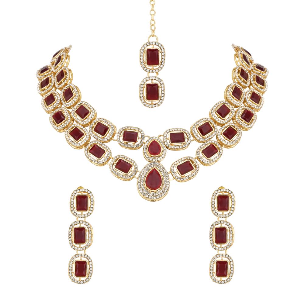 Etnico Gold Plated Traditional Stone Choker Necklace Jewellery With Earring & Maang Tikka Set For Women And Girls (Maroon)
