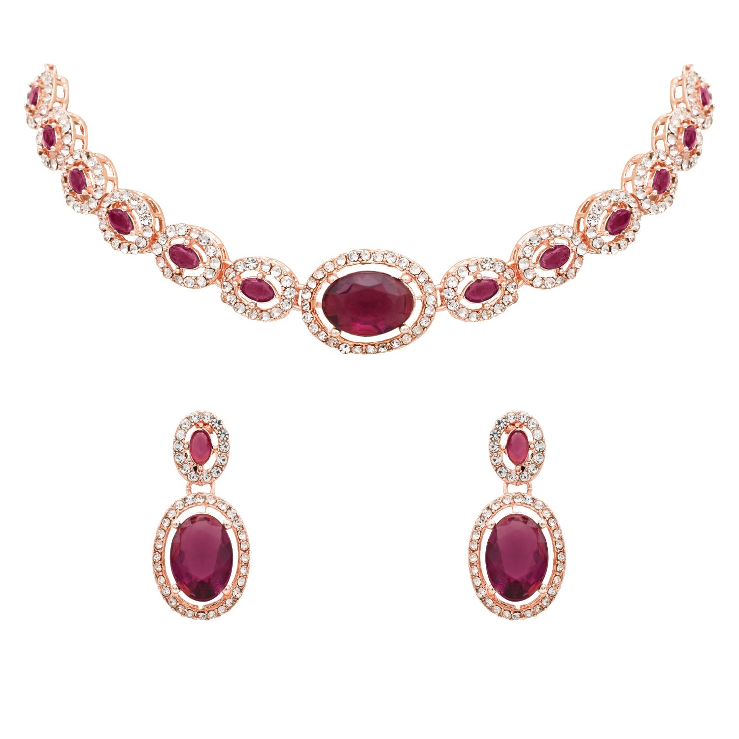 Etnico Rose Gold Plated Stylish Design Crystal Diamond Necklace & Earrings Jewellery Set for Women (IJ395RGWi)